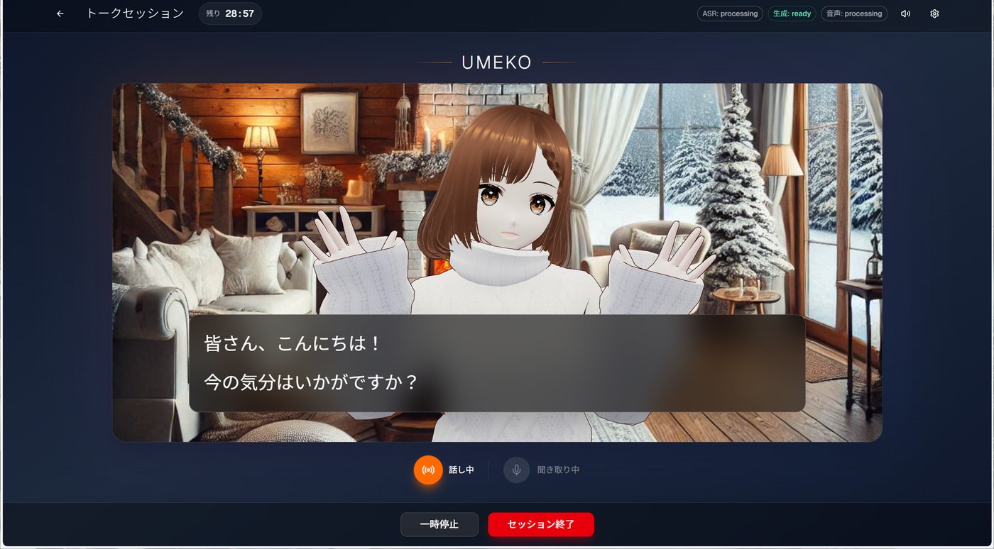 コンチェルトのトークセッション画面。3DアバターUMEKOが「皆さん、こんにちは!今の気分はいかがですか?」と字幕付きで話しかけている。残り時間と話し中・聞き取り中のステータスを表示。