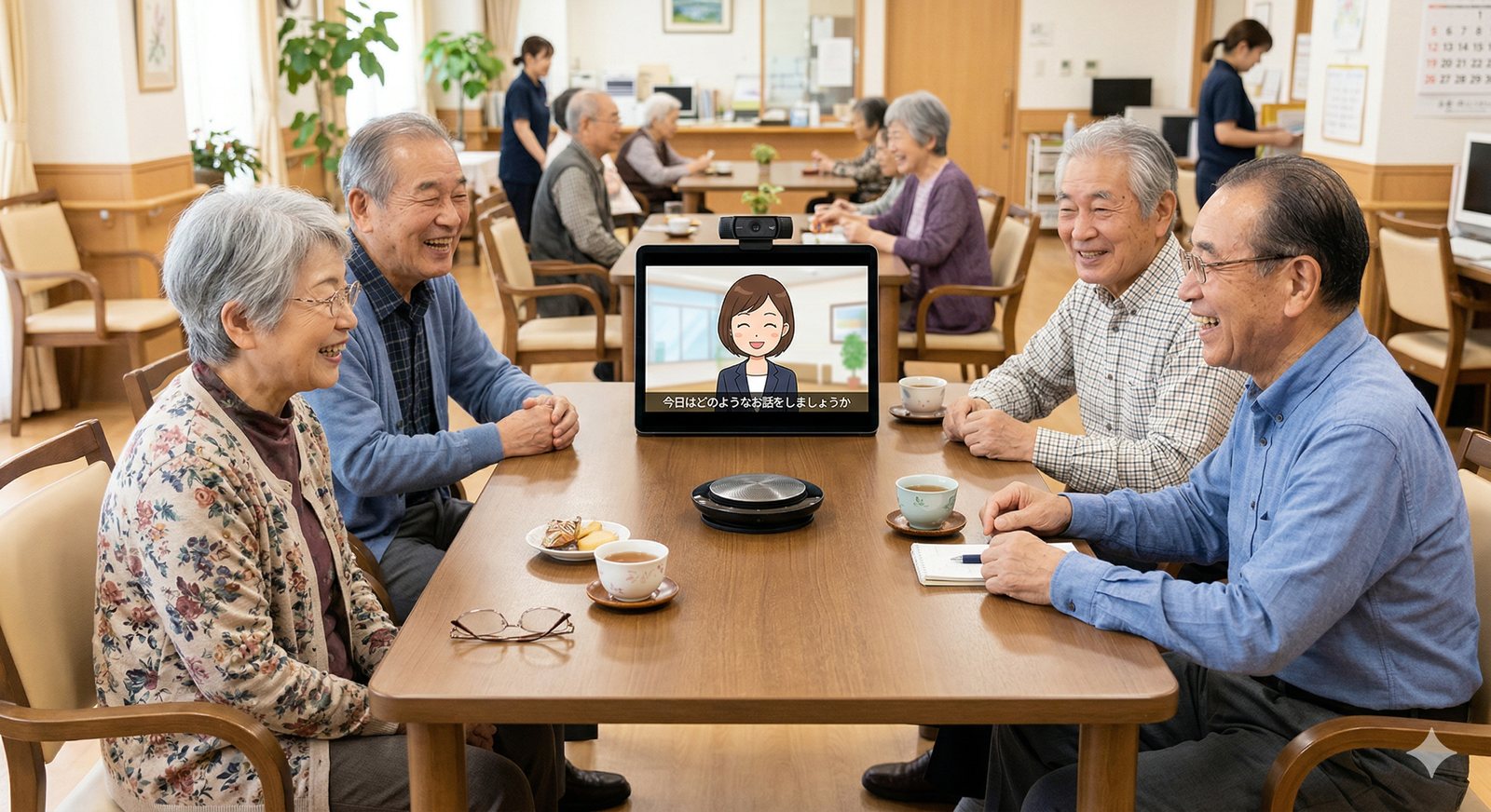デイサービスのトークセッション利用イメージ。テーブルを囲んだ利用者の中央に置かれた端末のアバターが会話を進行している。